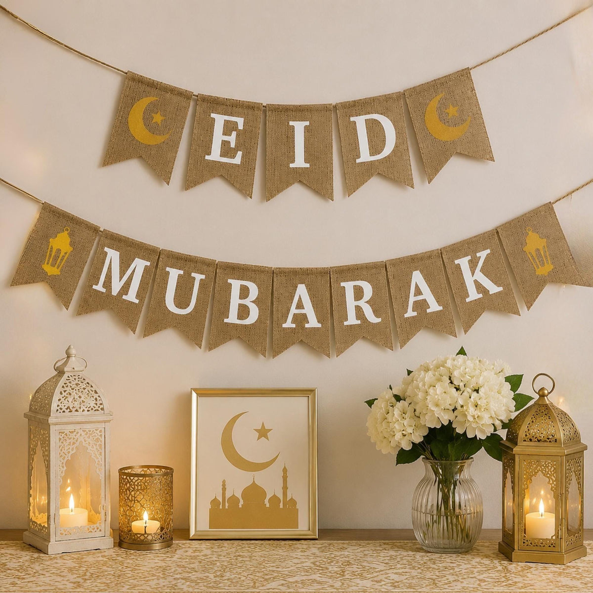 Jute Burlap Eid Mubarak Banner Rustic Islamic Fireplace Decorations