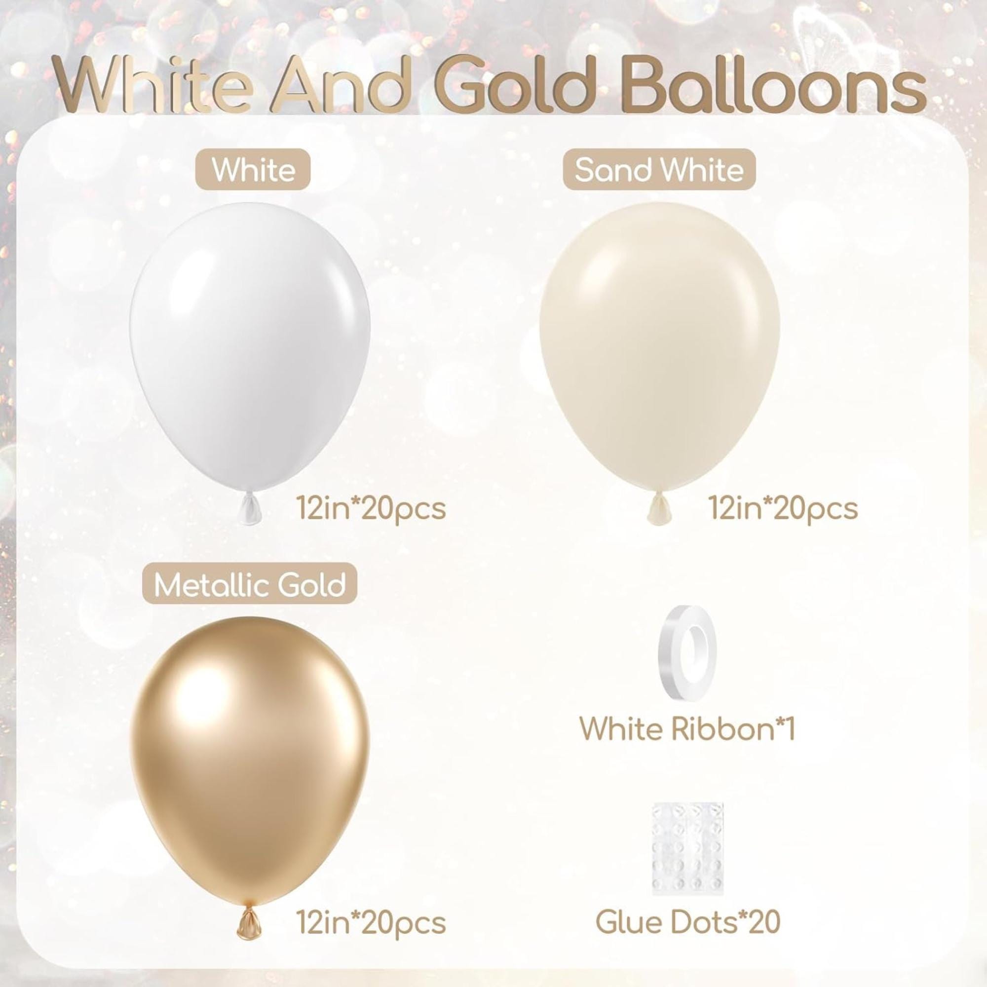 Gold White Balloons for Eid Ul Adha Party Decorations – Metallic Sand Latex Set
