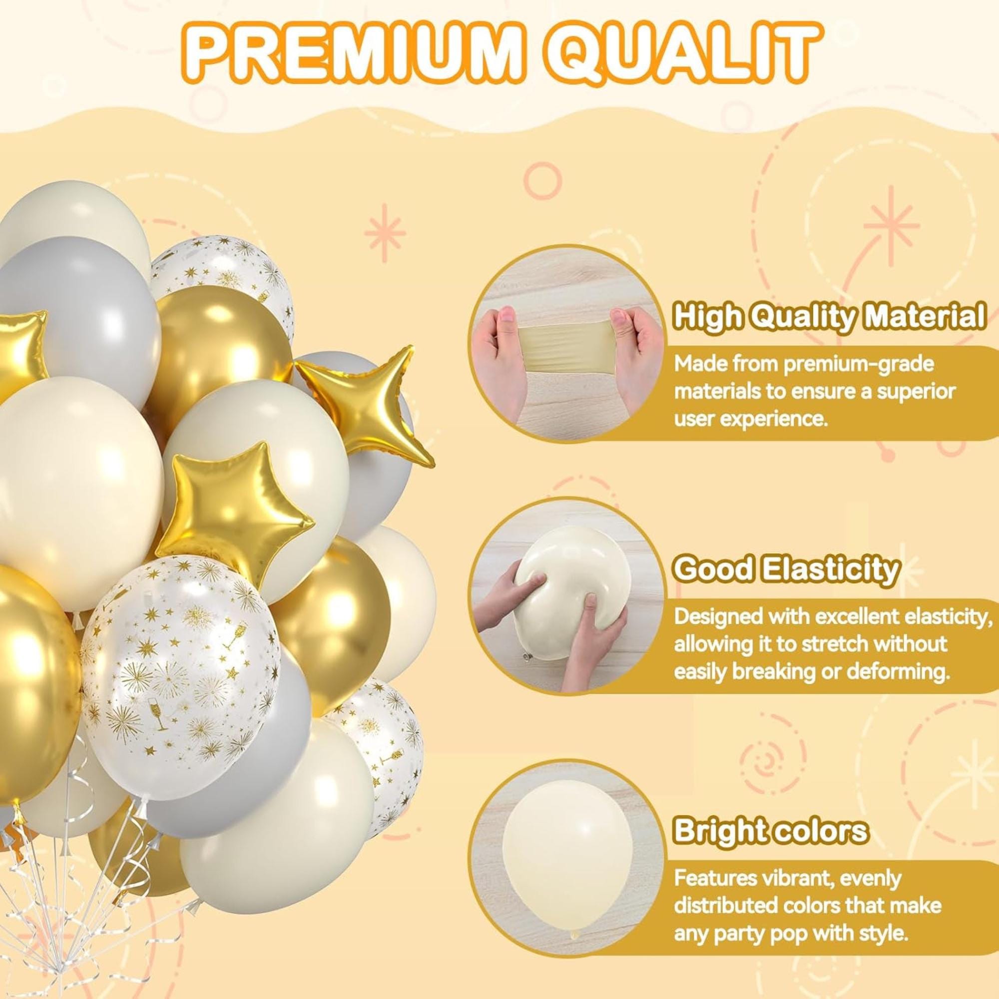 Eid Ul Adha Party Balloons: White, Gold, Grey with Firework & Star Foil Accents