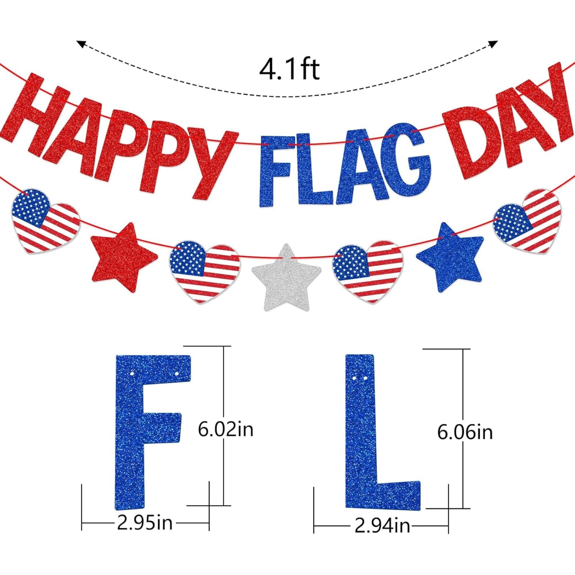Happy Flag Day Banner | June 14 Patriotic Glitter Garland | Red White Blue Party Decor