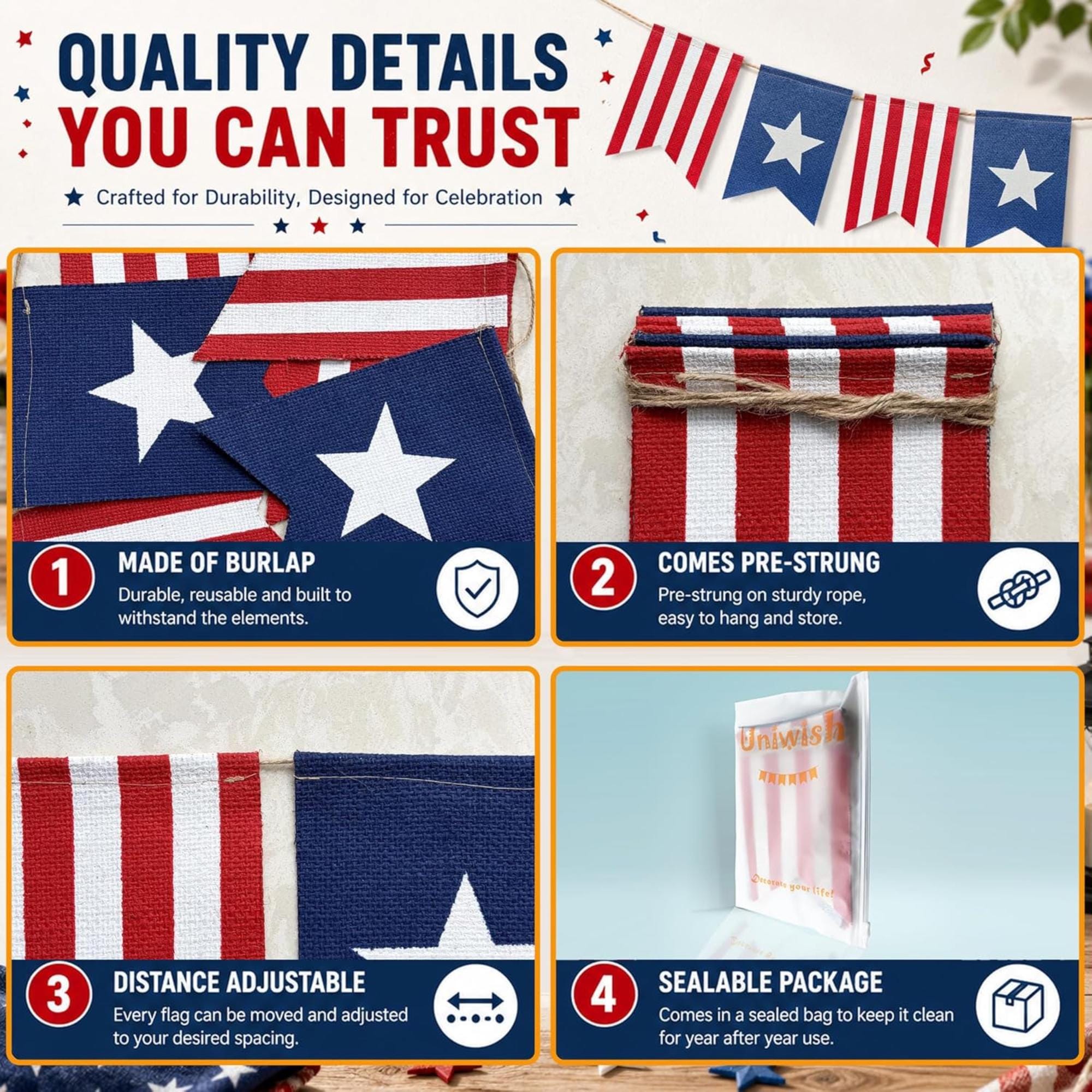 American Flag Bunting Banner | Patriotic Stars Stripes Decor, 4th of July Hanging Sign