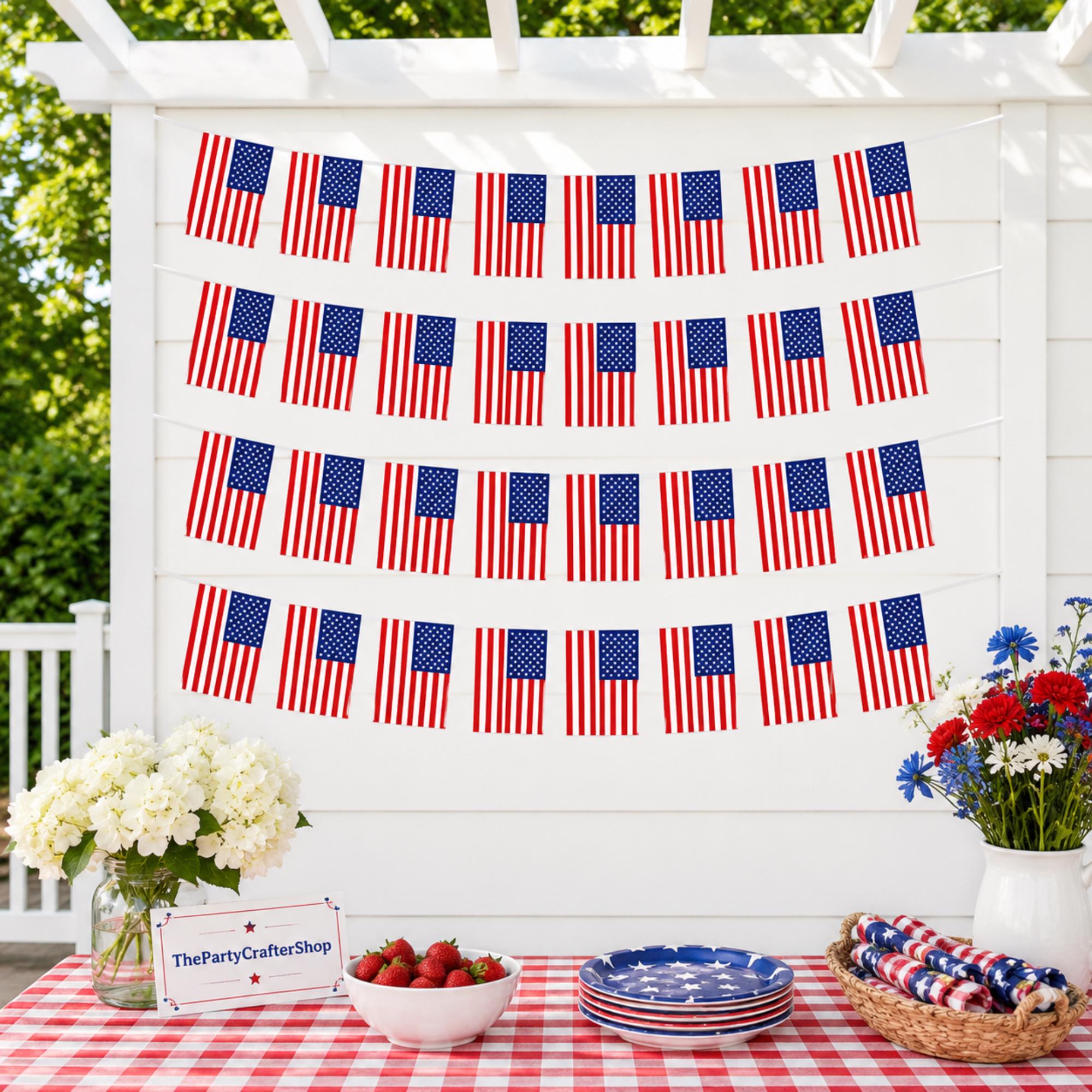 USA American Flag Banner Garland | 50 Ft Patriotic Bunting 4th of July Party Decor