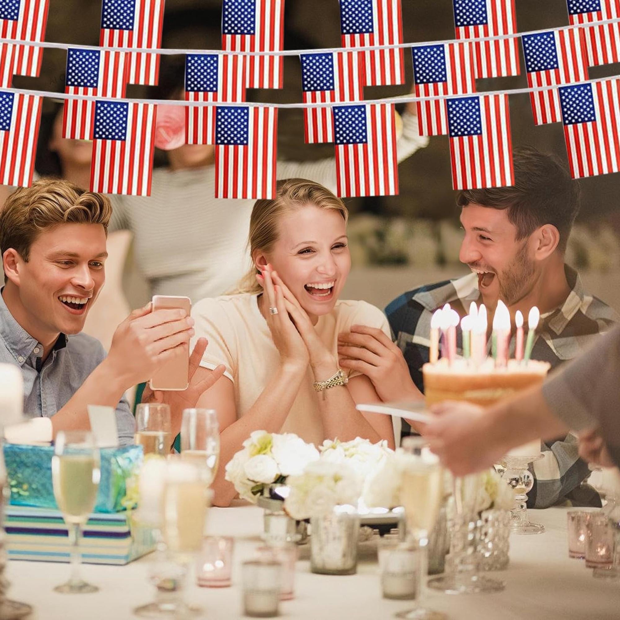 60 PCS American Flag Banner String | 65 Ft Patriotic USA Bunting