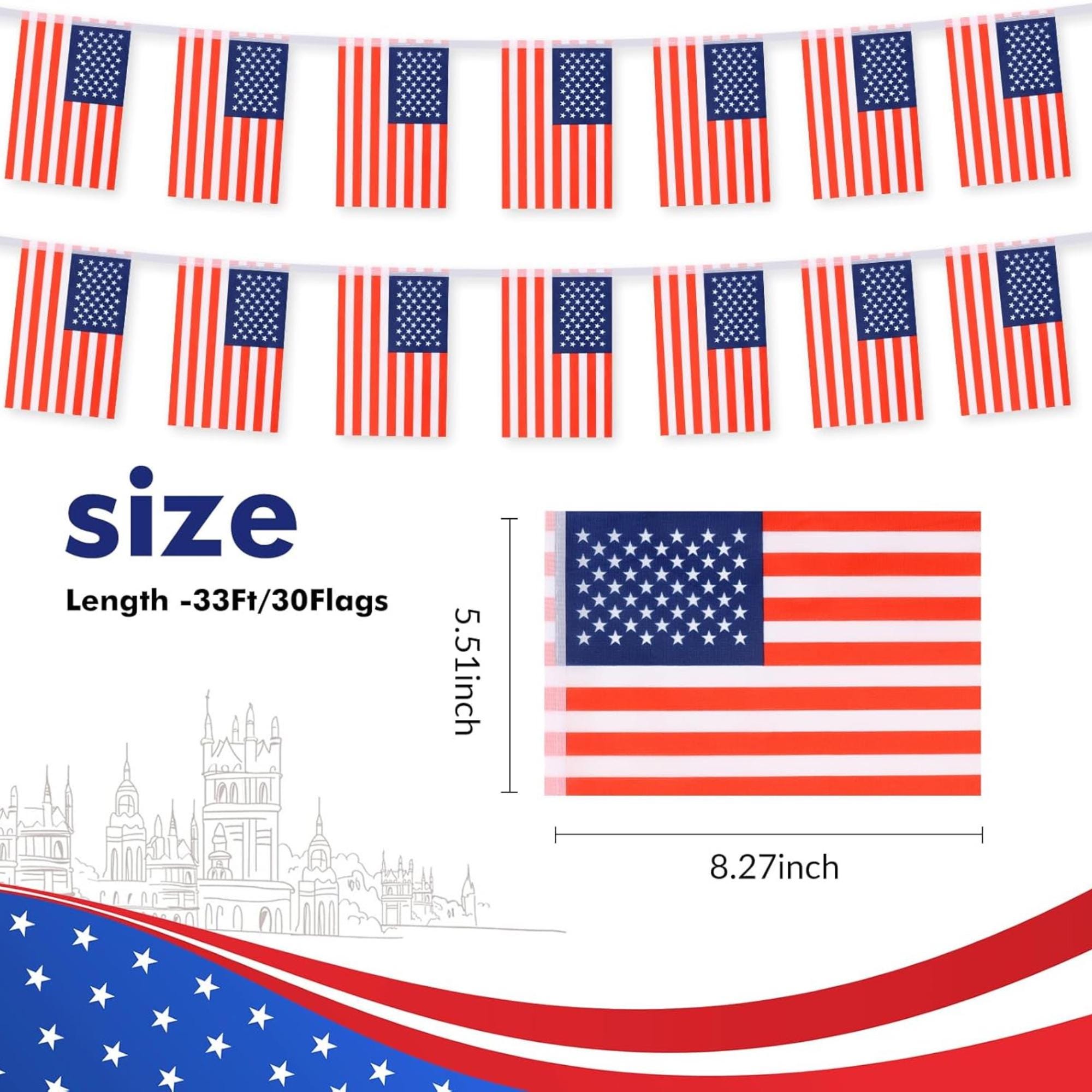 American Flag Banner, 30 Mini USA Flags, 33 Ft Patriotic Garland, 4th July Party
