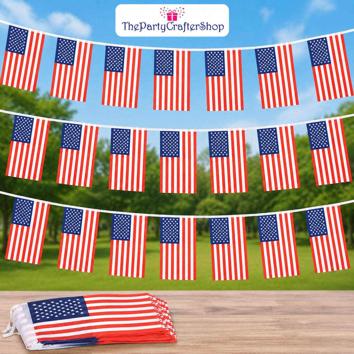 American Flag Banner, 30 Mini USA Flags, 33 Ft Patriotic Garland, 4th July Party