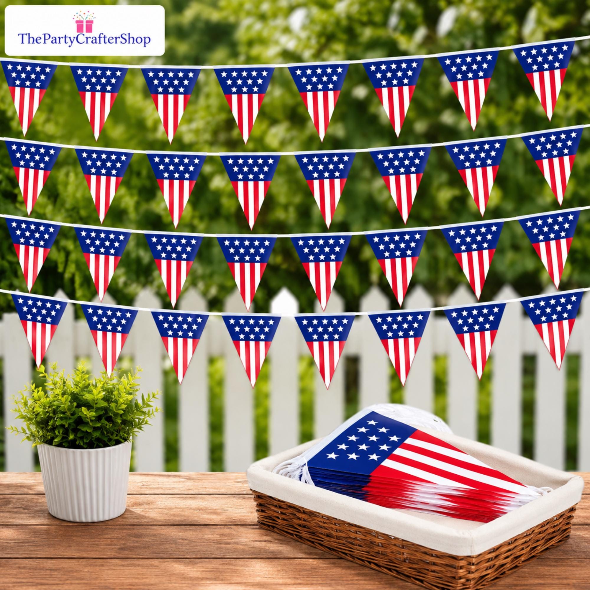 American Triangle Pennant Banner | 30 Mini USA Bunting Flags, Patriotic Decor