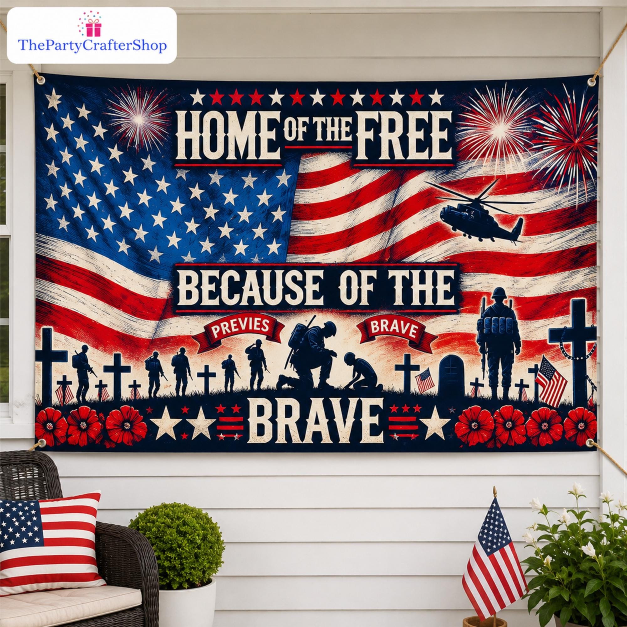 Patriotic Banner Backdrop | Home of the Free Because of the Brave Decor