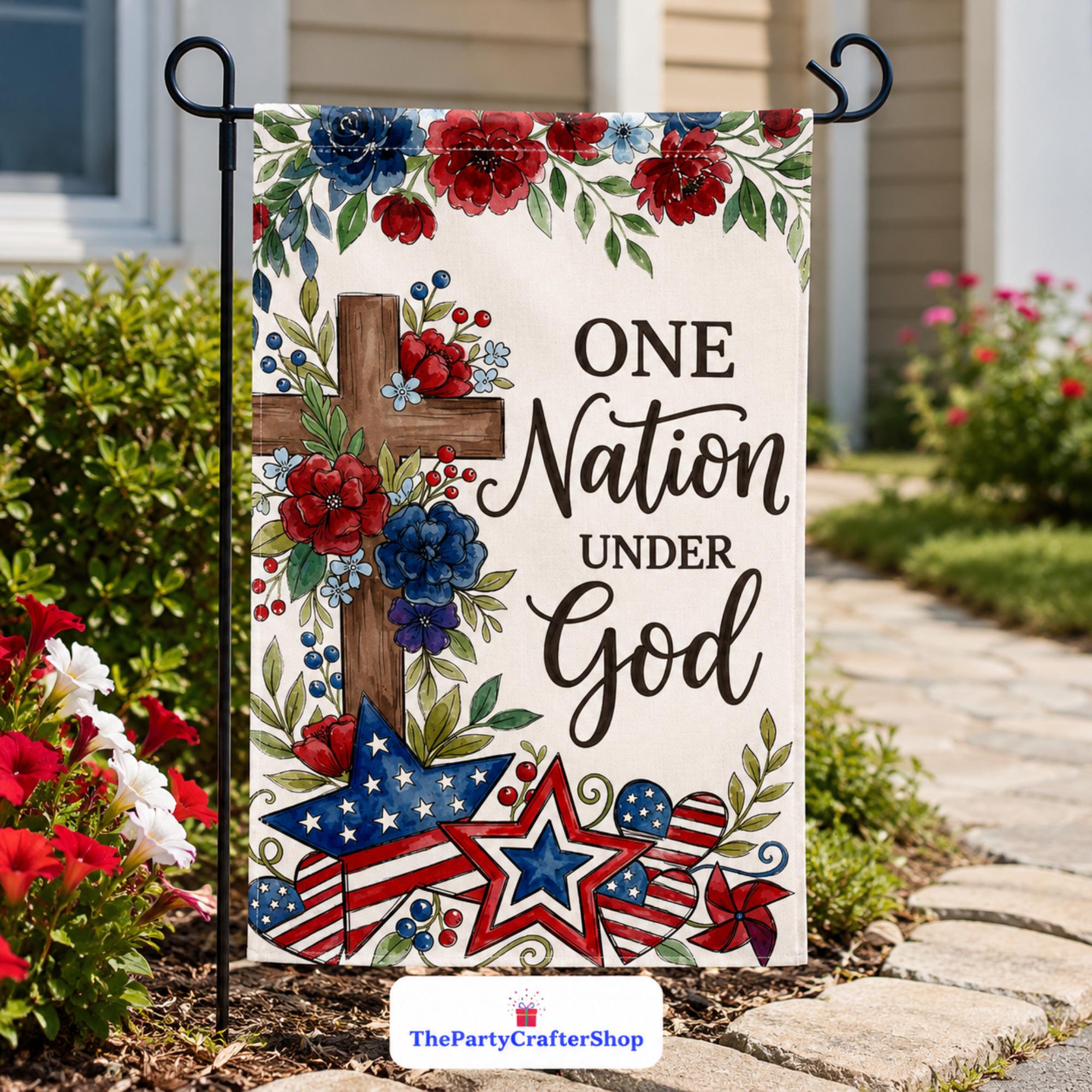 Floral Garden Flag | One Nation Under God Patriotic Yard Decor