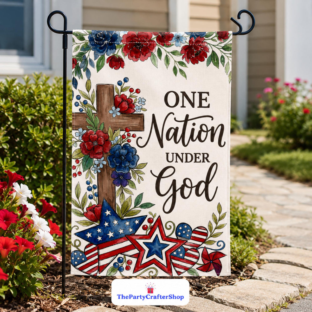 Floral Garden Flag | One Nation Under God Patriotic Yard Decor