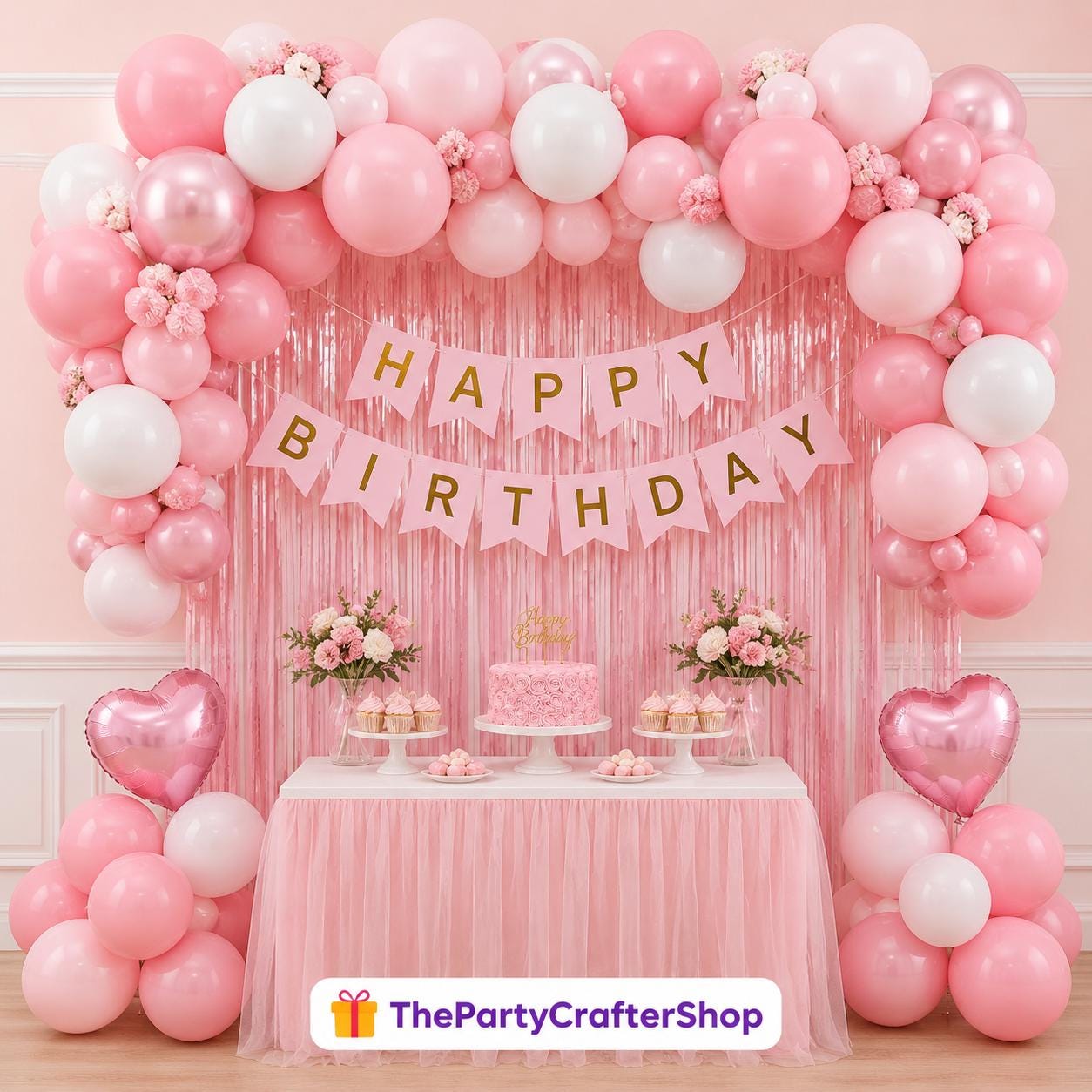 Pink Birthday Decorations Pearl White Metallic Balloons Fringe Curtain Banner for Women