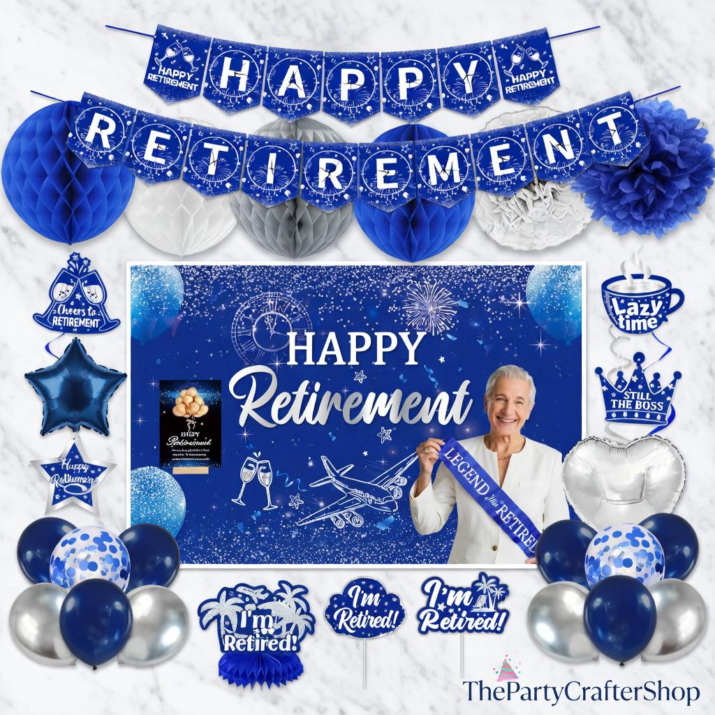 Happy Retirement Party Decorations for Men and Women Blue Silver Banner Balloons Centerpieces