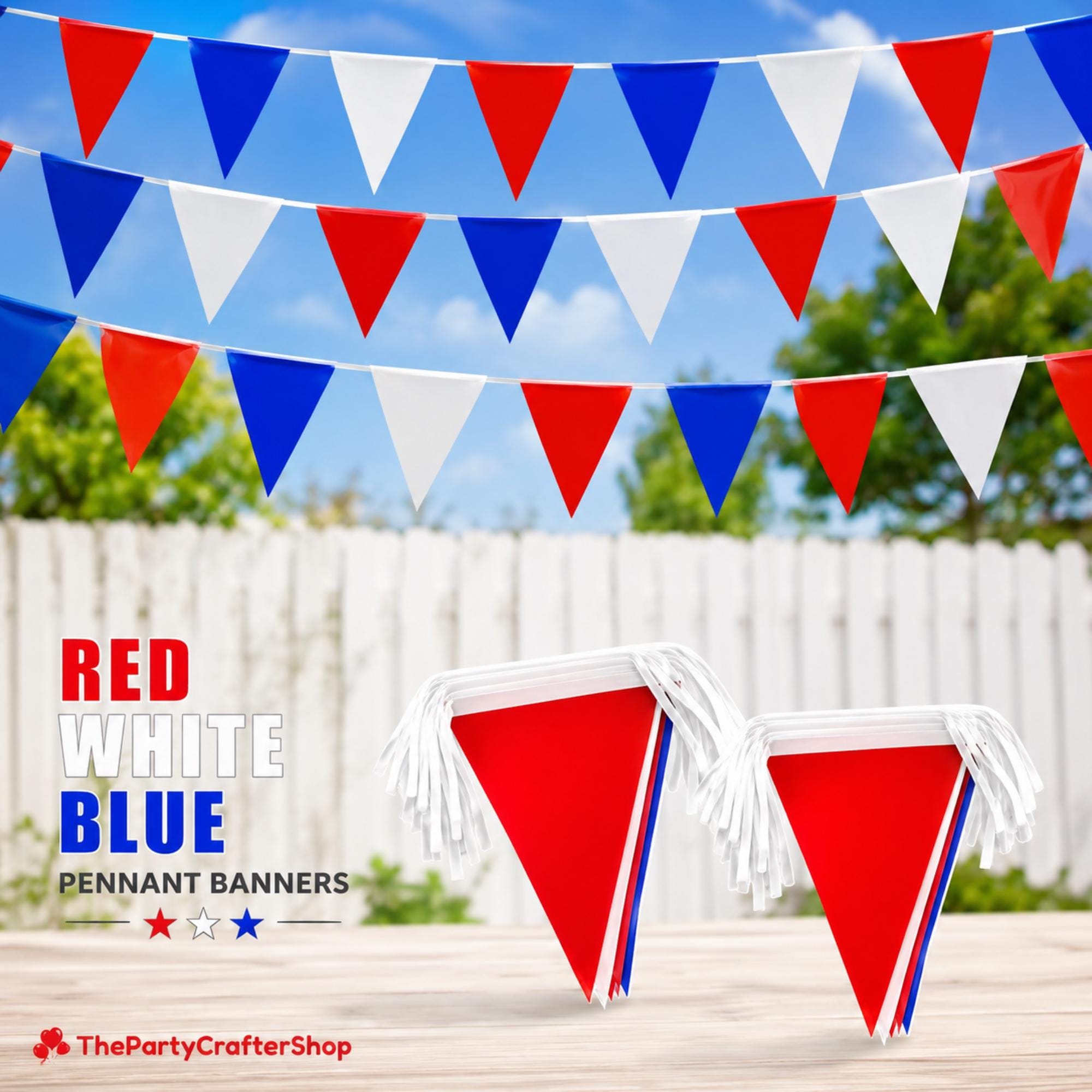 Red White Blue Pennant Banner | 60 Triangle Bunting Flags (100 Ft)