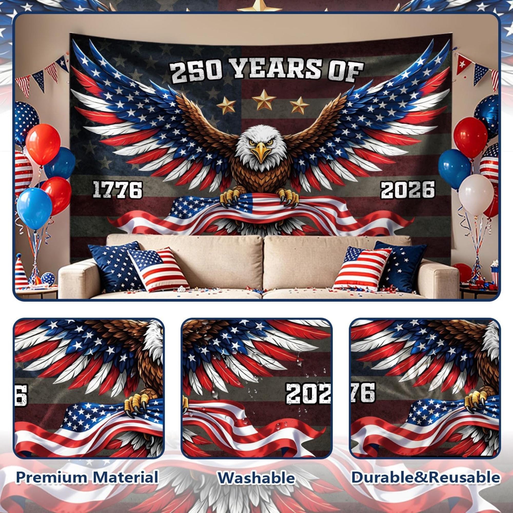 Patriotic Eagle Banner | 250th Anniversary USA Flag Backdrop, 4th July Party Decor