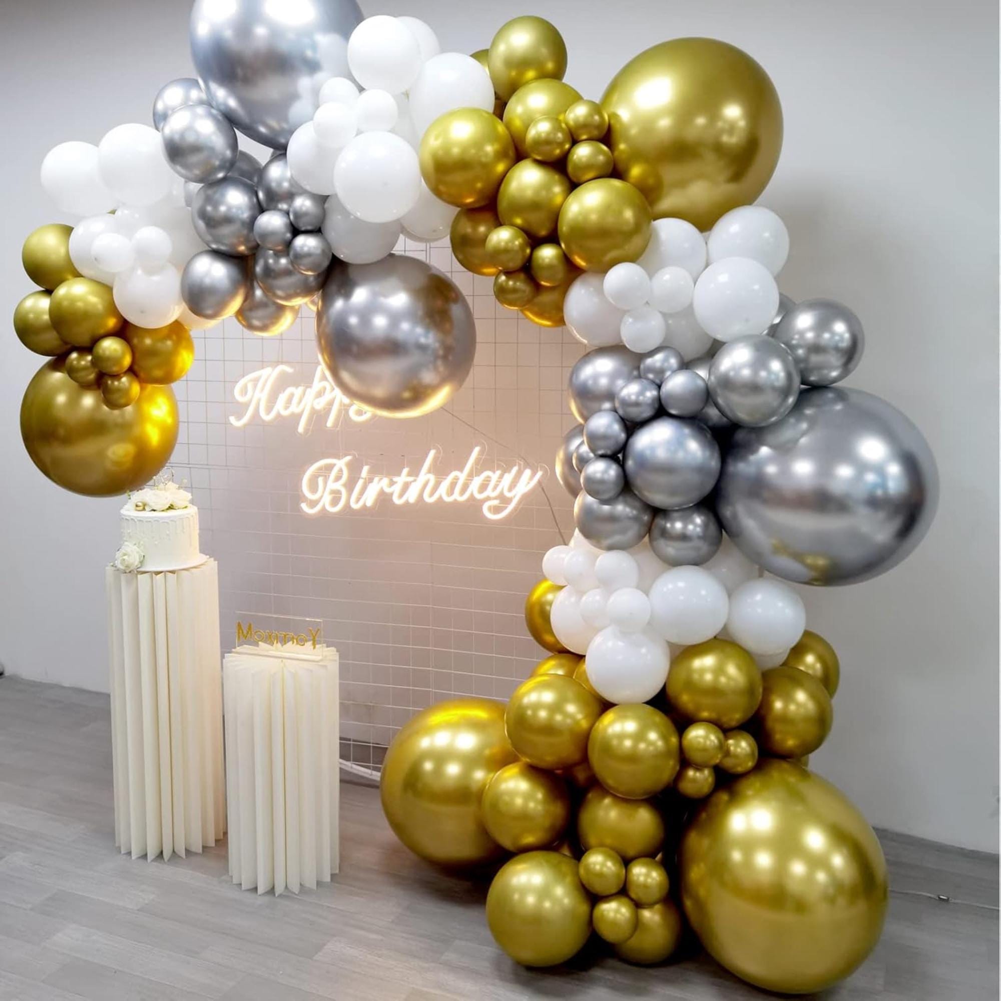Silver Gold White Balloon Garland Arch Kit | 127 Pcs Party Decor