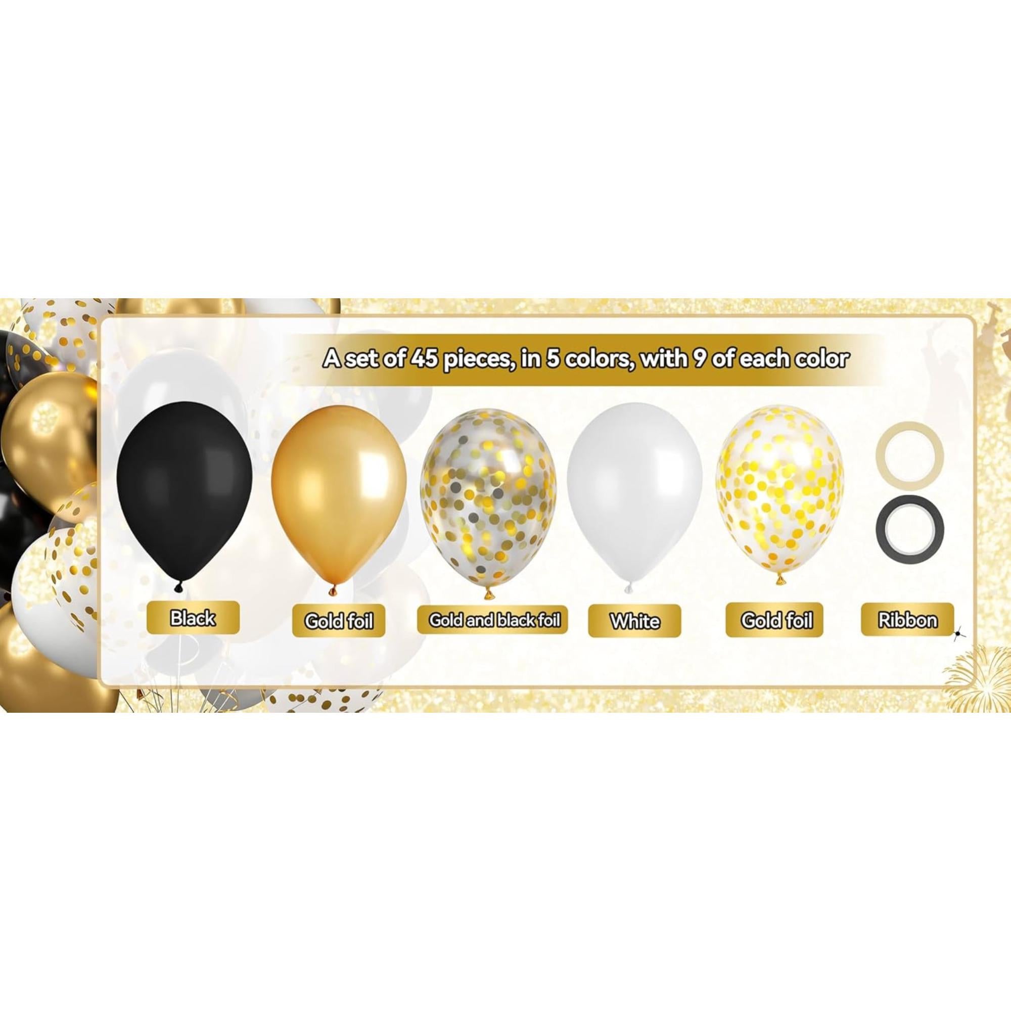 Black Gold White Balloons | 45 Pack Latex Party Decor