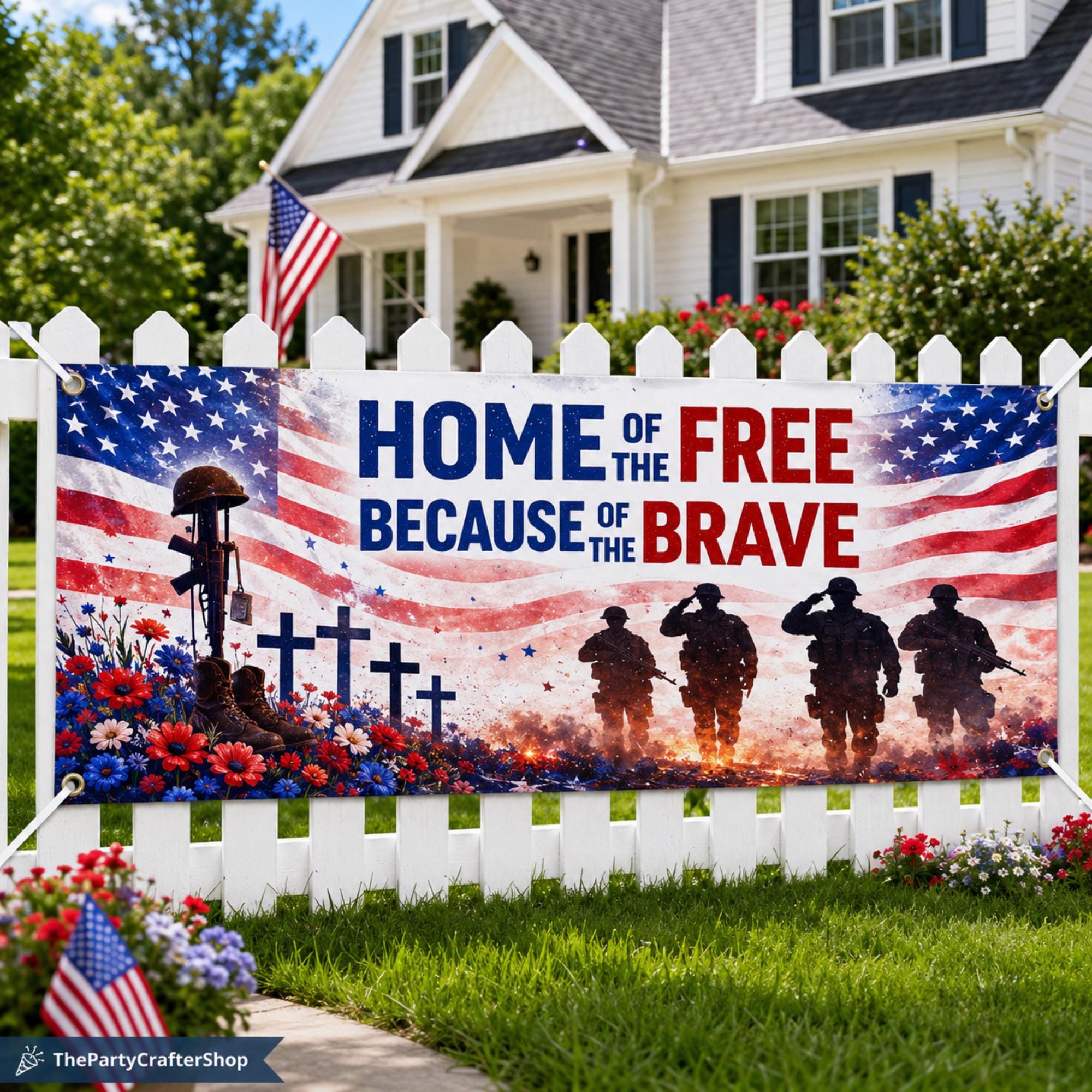 Patriotic Memorial Day Banner | Home of the Free Because of the Brave Yard Decor