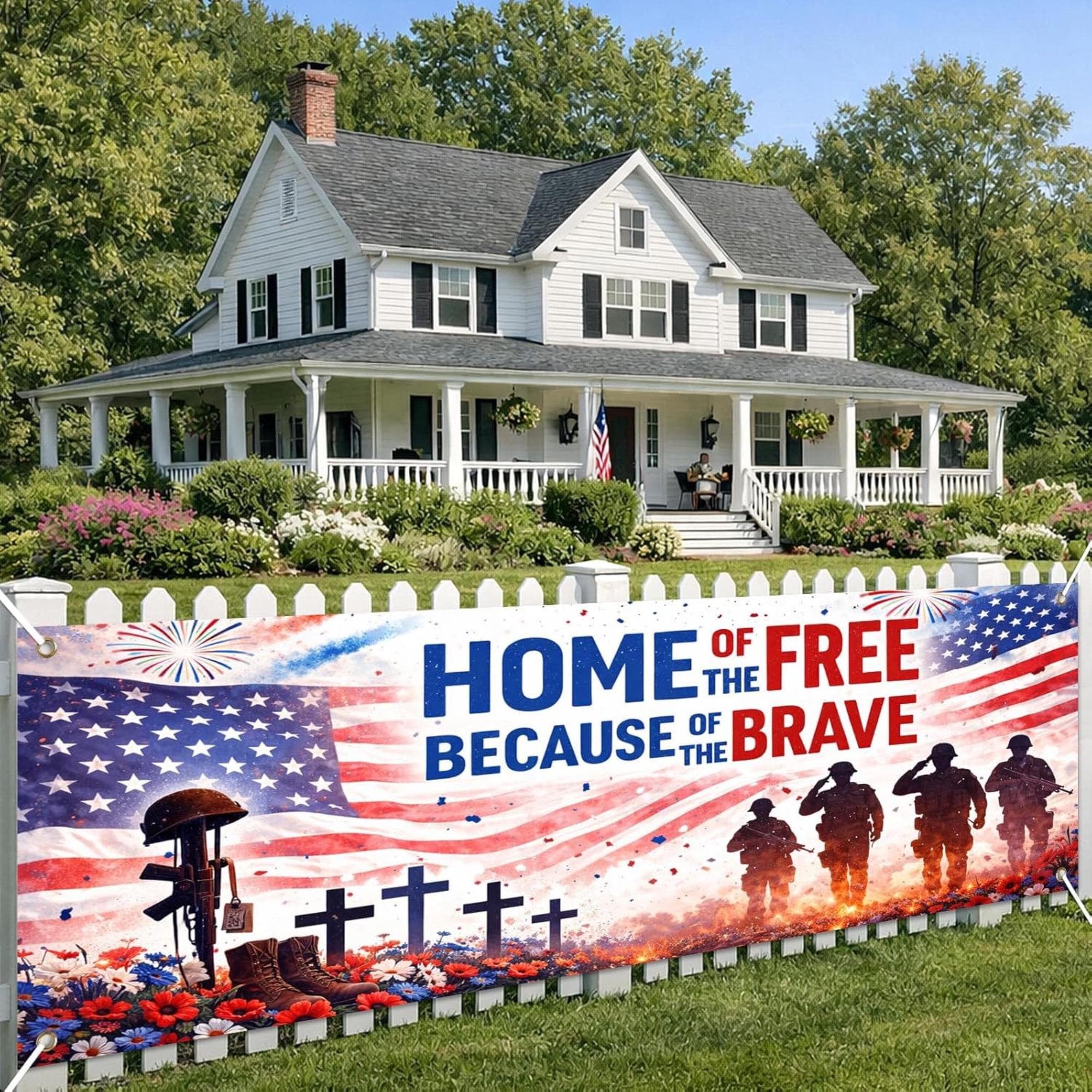 Patriotic Memorial Day Banner | Home of the Free Because of the Brave Yard Decor