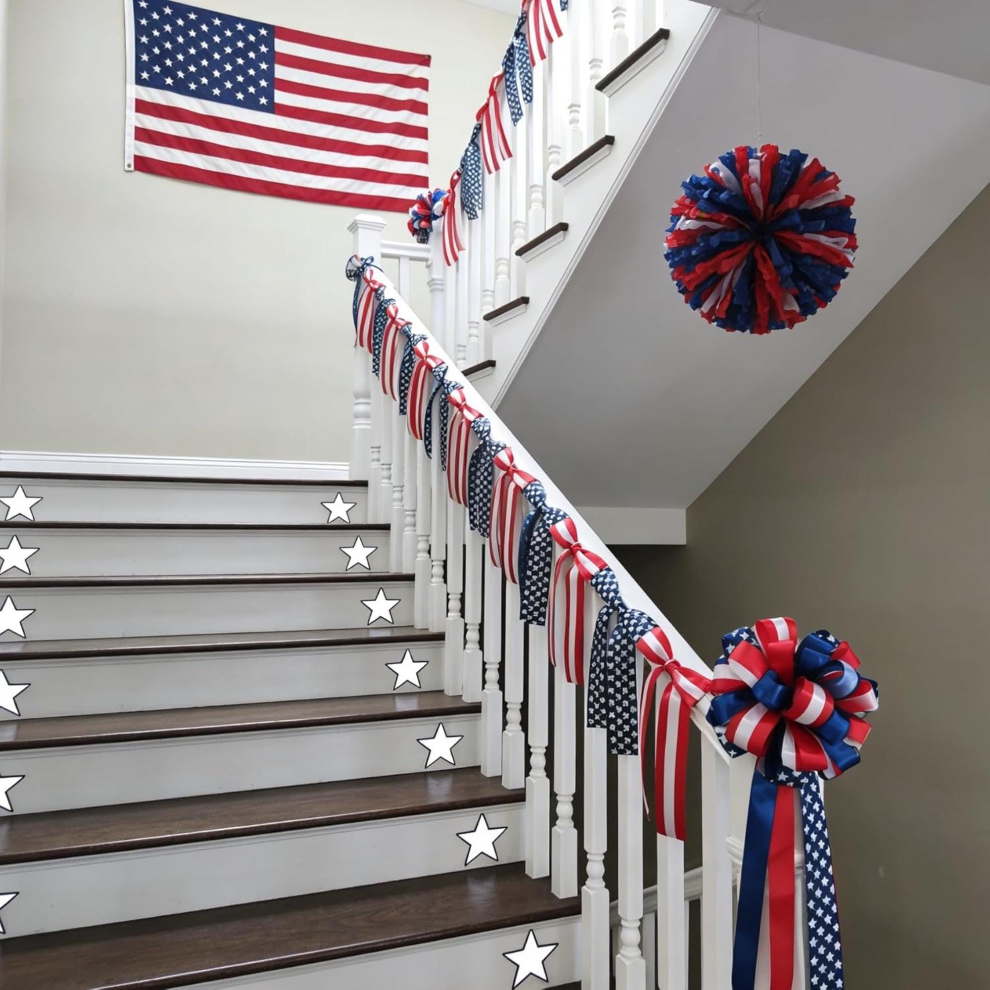 American Flag Garland | Red White Blue Stars Stripes Banner (Reusable Decor)