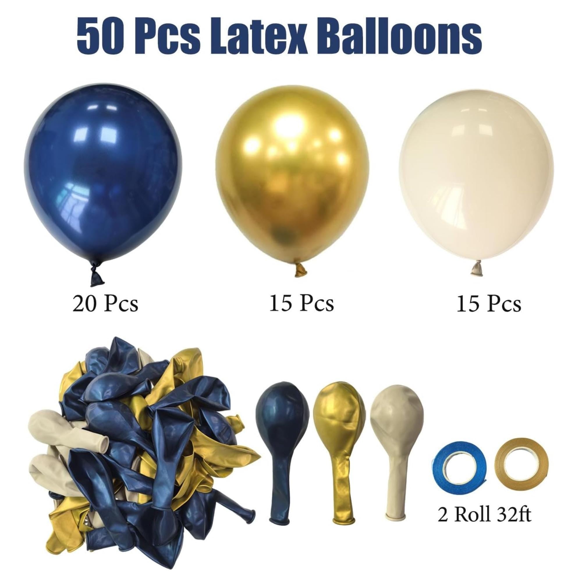 Navy Gold White Balloons | 50 Pcs Latex Party Decor (Eid ul Adha, Birthday)