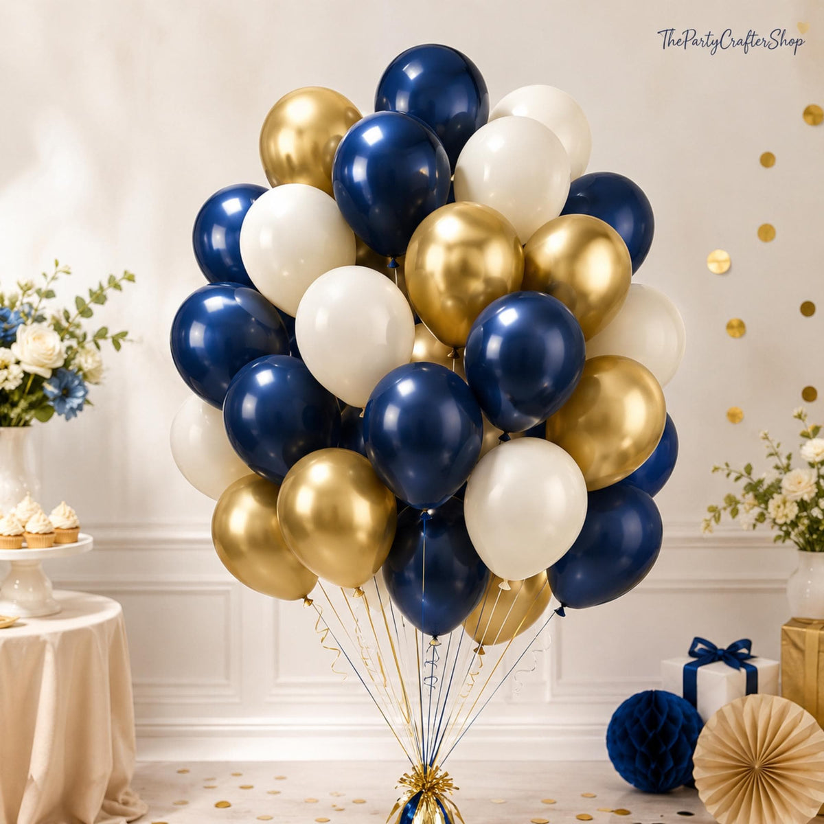 Navy Gold White Balloons | 50 Pcs Latex Party Decor (Eid ul Adha, Birthday)