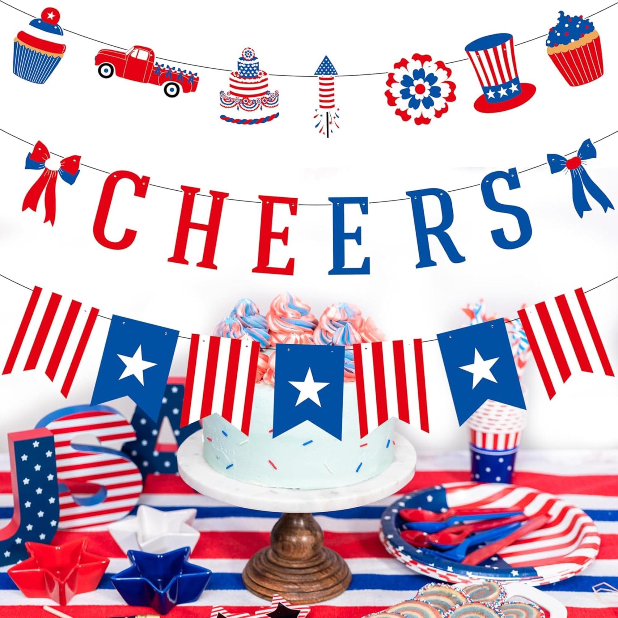 Patriotic Party Garland | "Cheers" & American Flag Banners, Red White Blue Decor