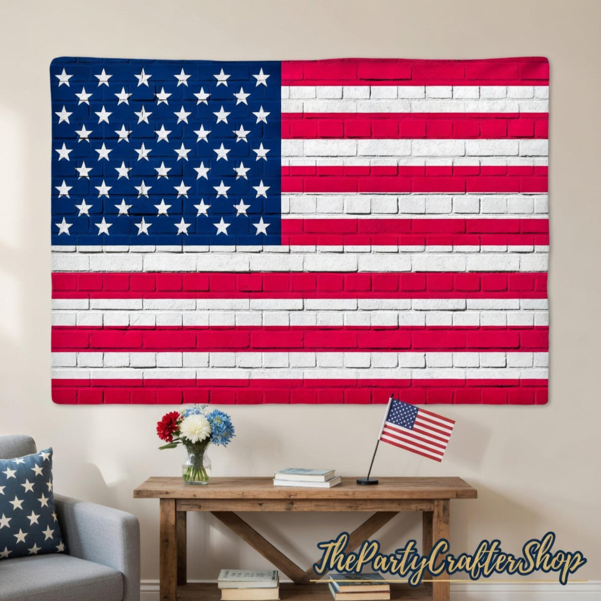 Independence Day Backdrop | American Flag Brick Wall Banner (7x5 Ft)