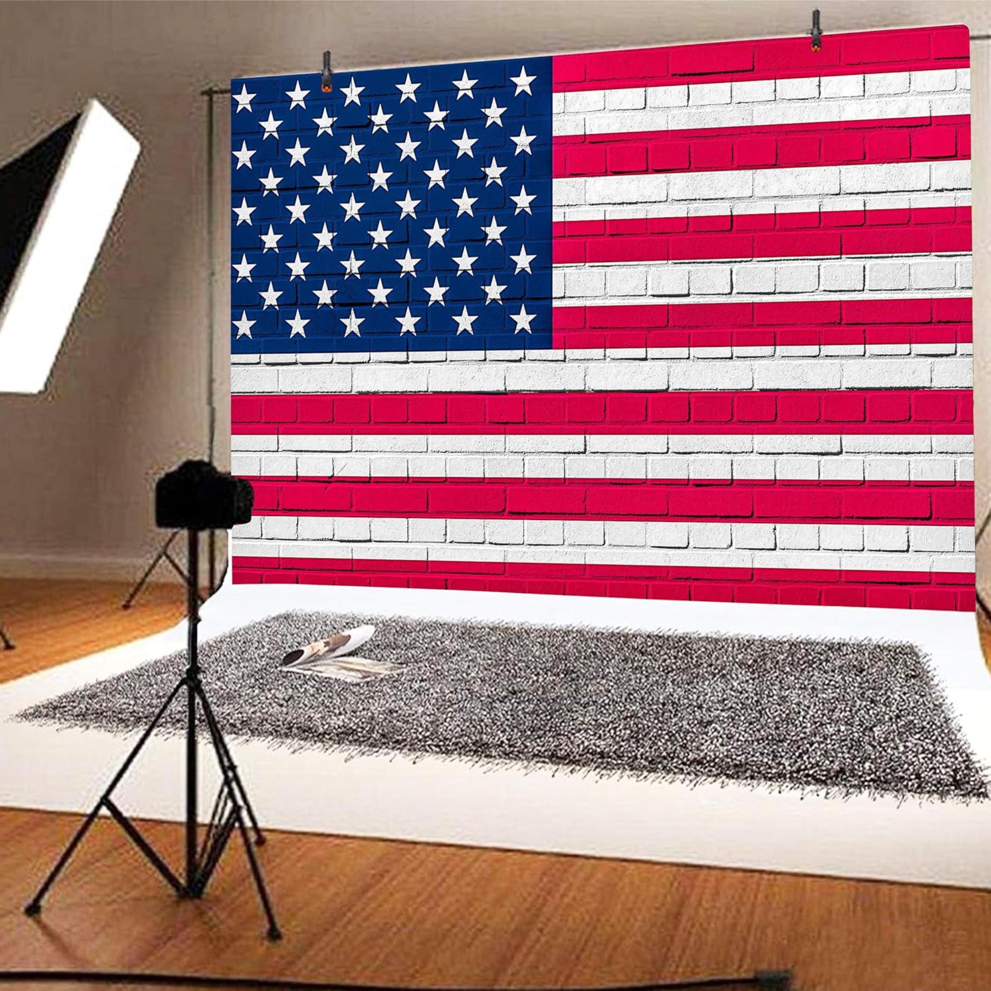 Independence Day Backdrop | American Flag Brick Wall Banner (7x5 Ft)