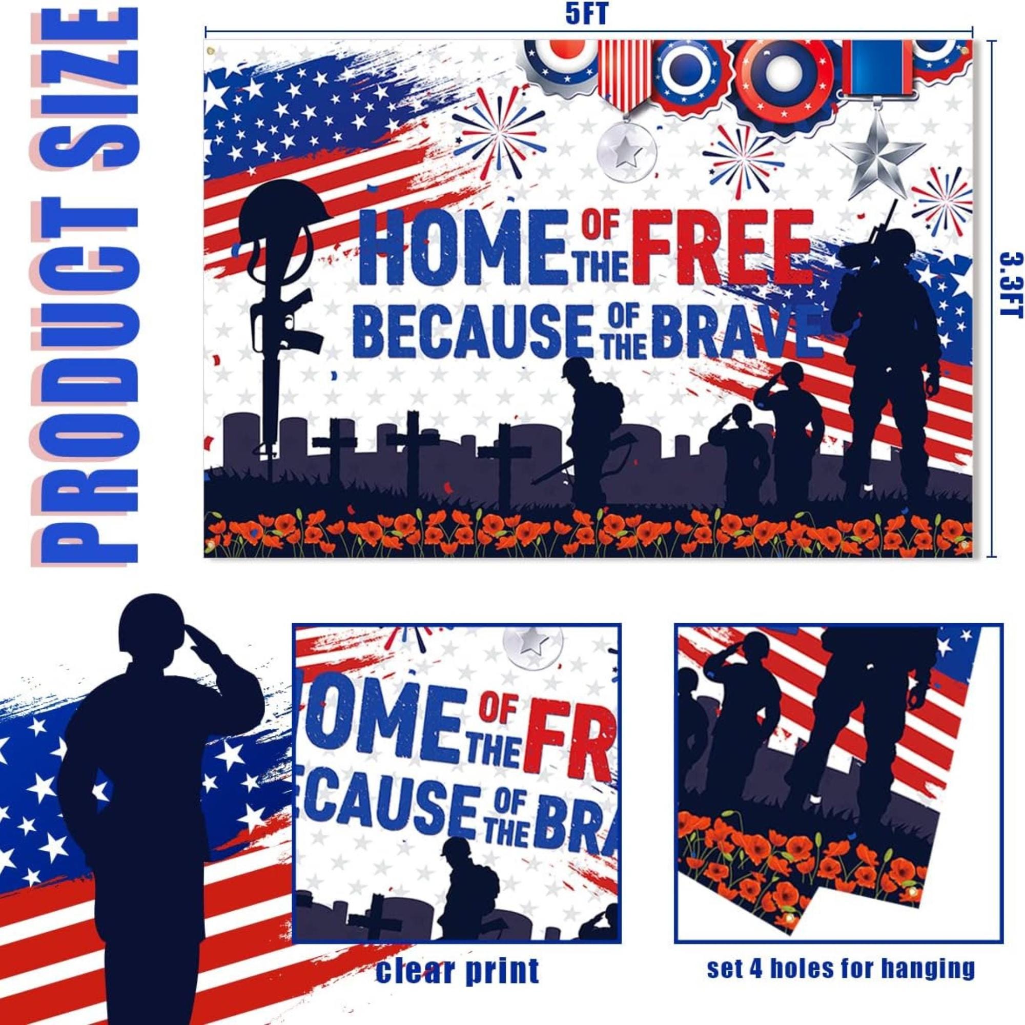 Patriotic Soldier Backdrop | Home of the Free Military Banner, 4th of July Decor