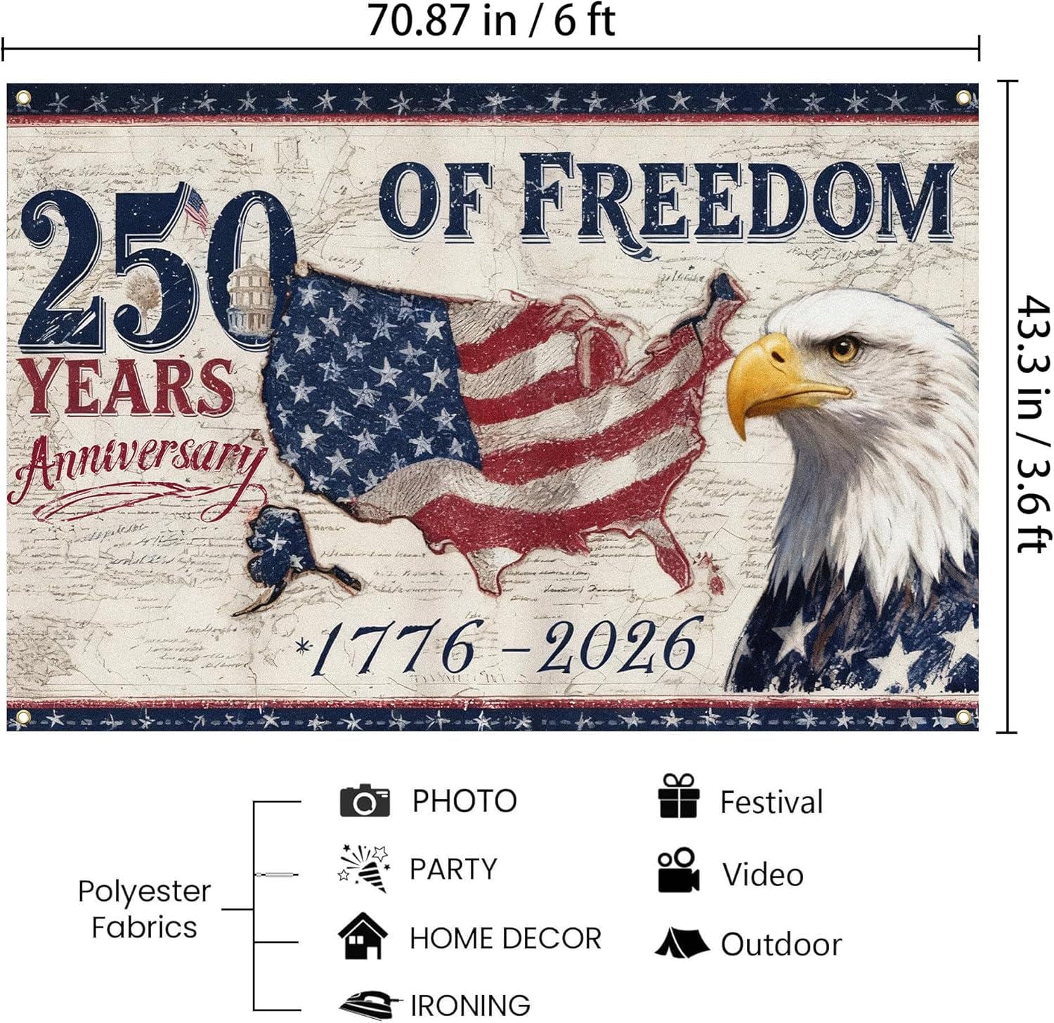 USA 250th Anniversary Backdrop | 1776-2026 Freedom Celebration Photo Booth Banner