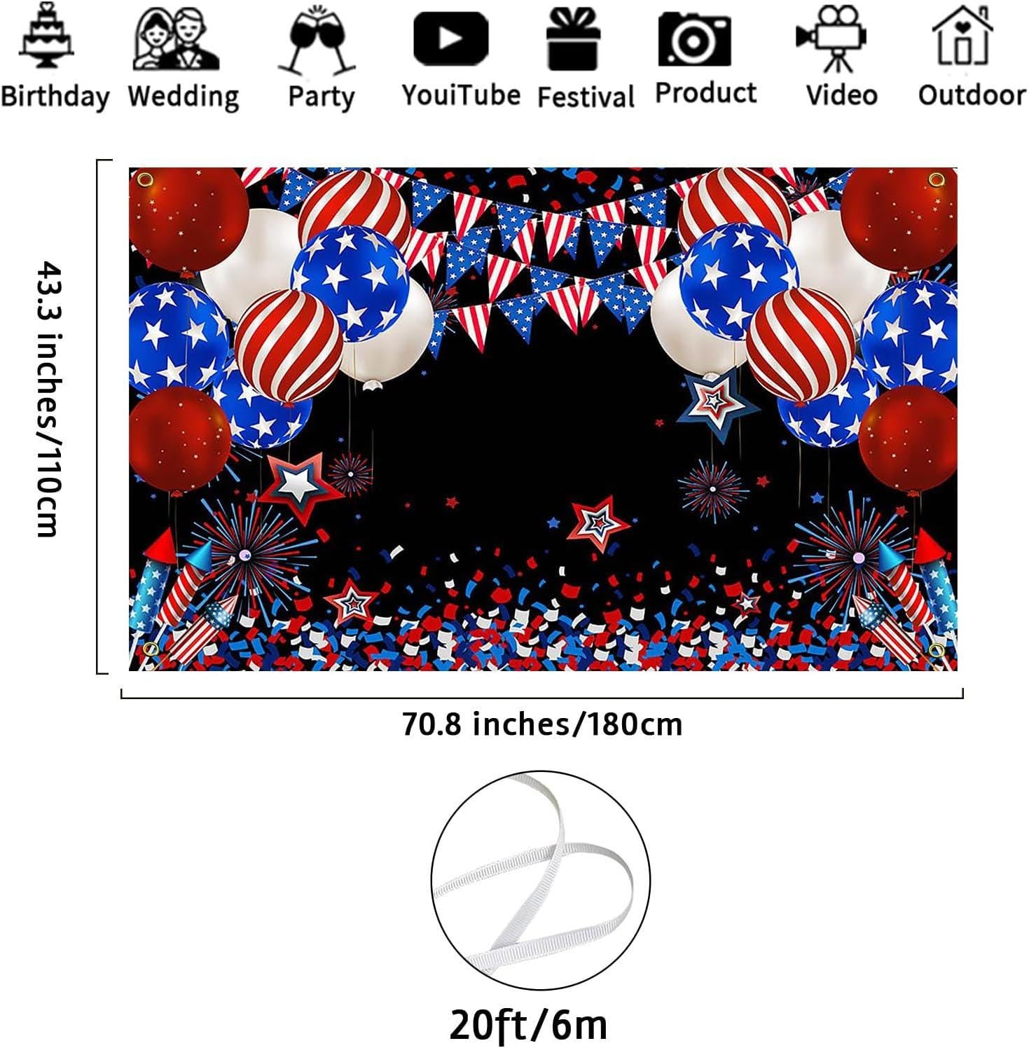 American Flag Backdrop | 4th of July Photo Banner, Independence Day Party Decor (70.8x43.3 Inch)