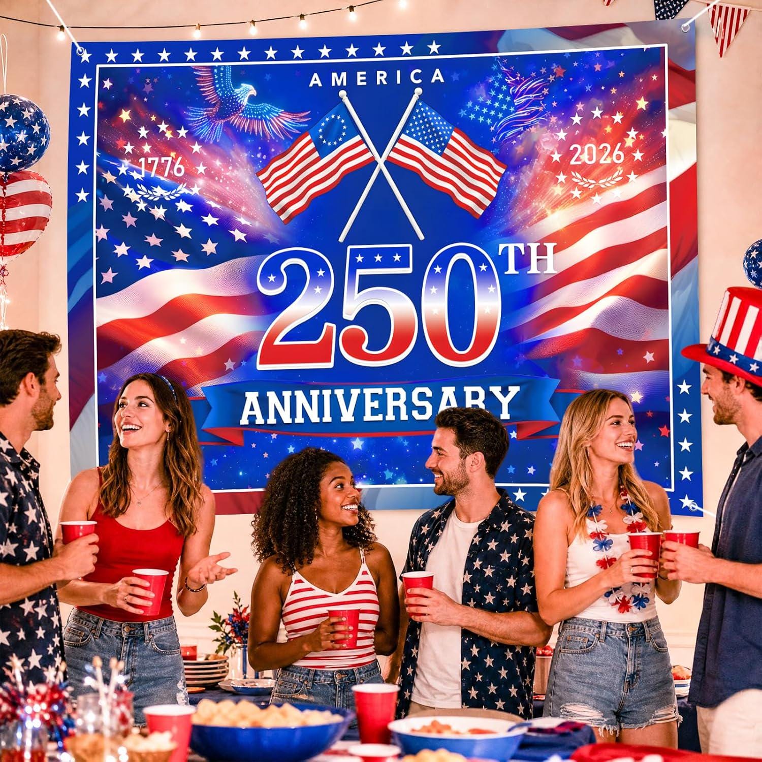 7x5 Ft 4th of July 250th Anniversary Backdrop | America 1776–2026 Flag Stars & Fireworks | Patriotic Party Decor