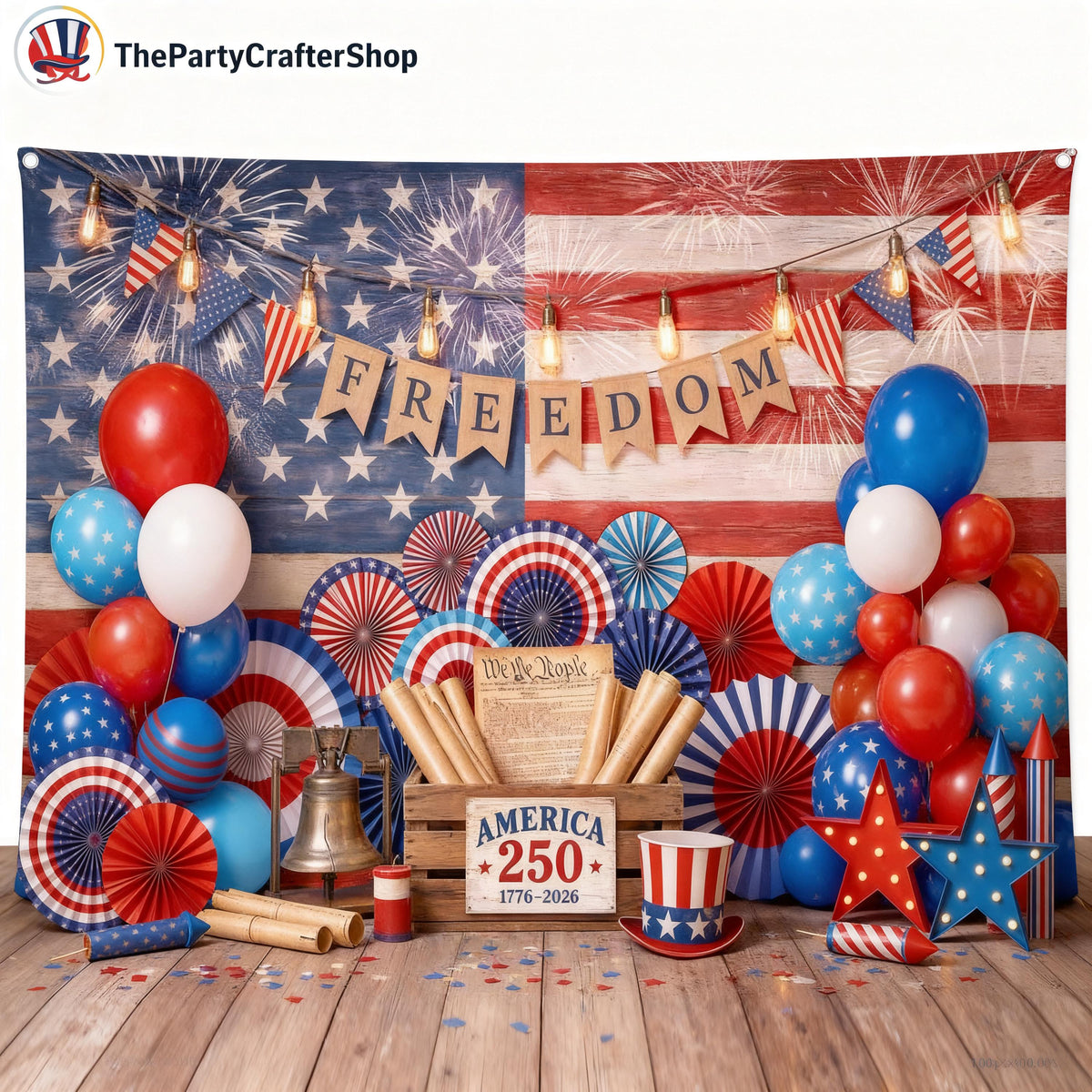 Patriotic 250th America Anniversary Backdrop | Rustic Wood Flag Photo Banner