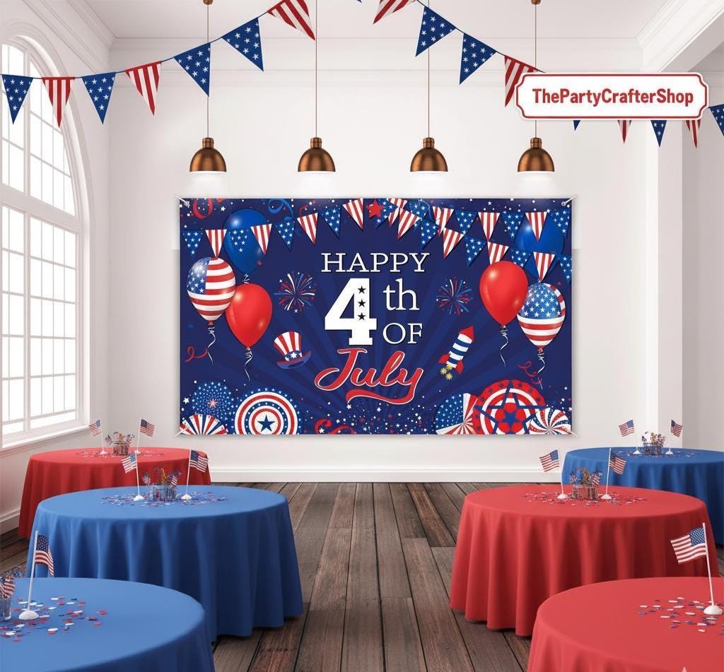 Patriotic 4th of July Backdrop | American Flag Stars Stripes Photo Banner, Independence Day Decor