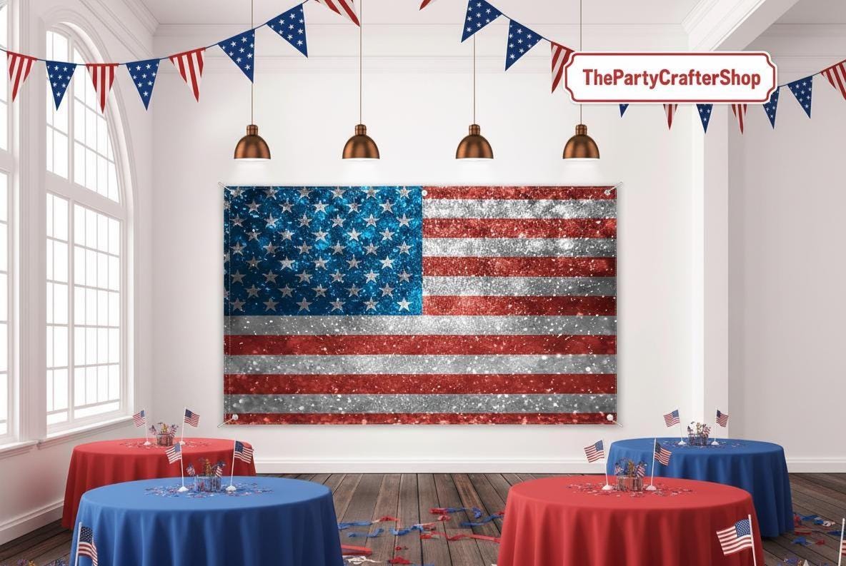 8x6 Ft Glitter American Flag Backdrop | Patriotic 4th of July Party Photo Booth Banner