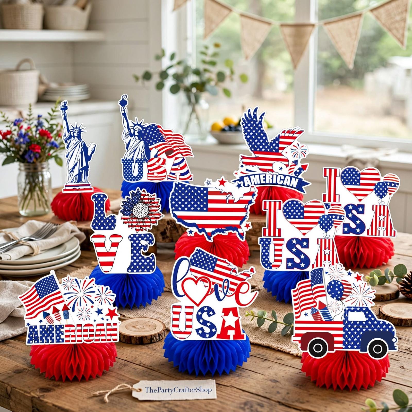 9 Pcs Patriotic USA Honeycomb Centerpieces | American Flag Eagle Table Decor