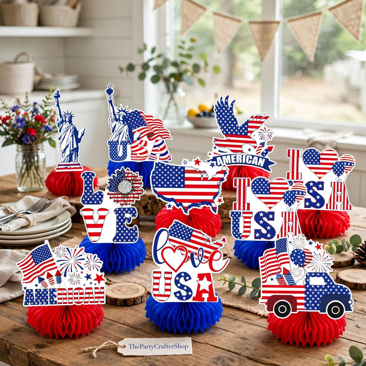 9 Pcs Patriotic USA Honeycomb Centerpieces | American Flag Eagle Table Decor