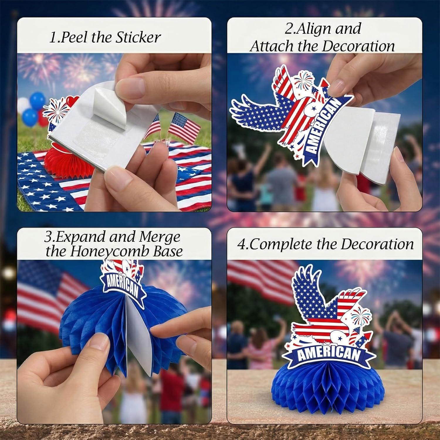 9 Pcs Patriotic USA Honeycomb Centerpieces | American Flag Eagle Table Decor