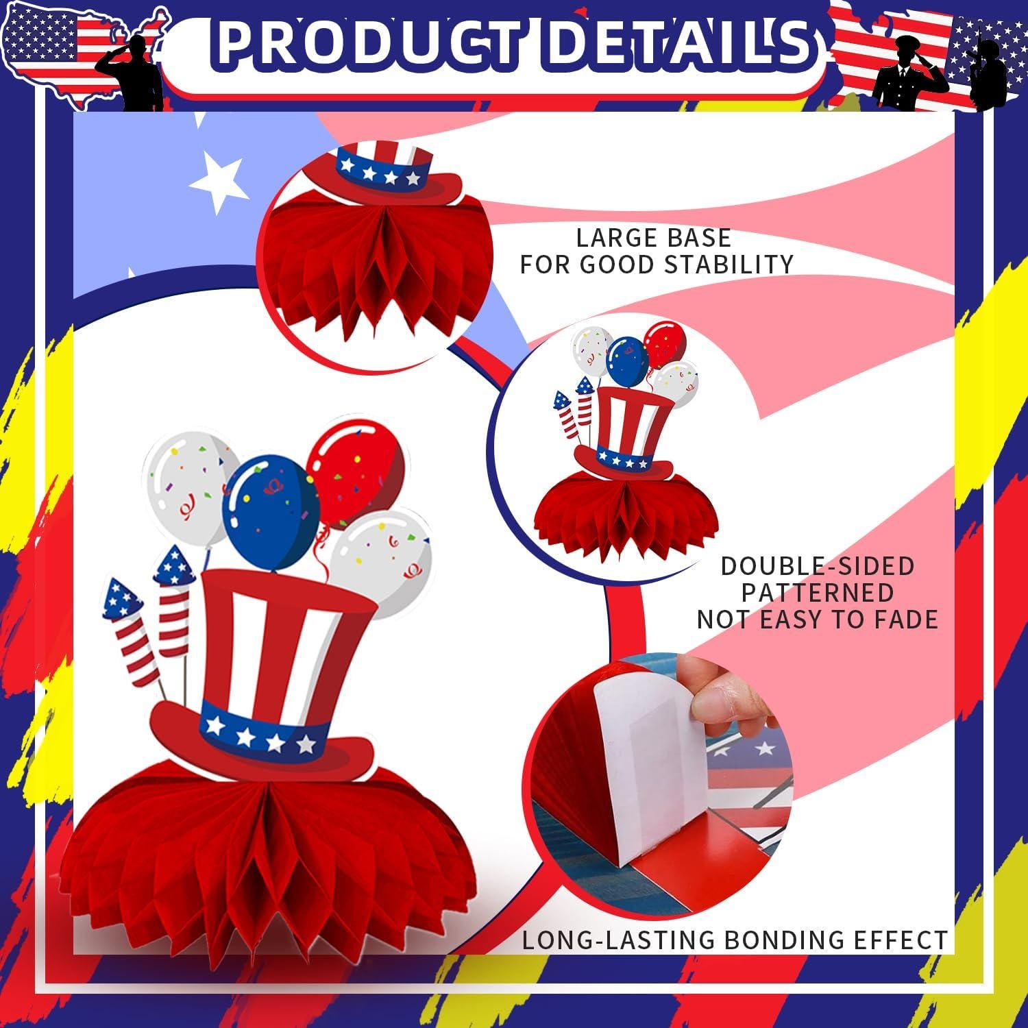 Patriotic Honeycomb Centerpieces | American Flag USA Balloons Table Decor (9 Pcs)