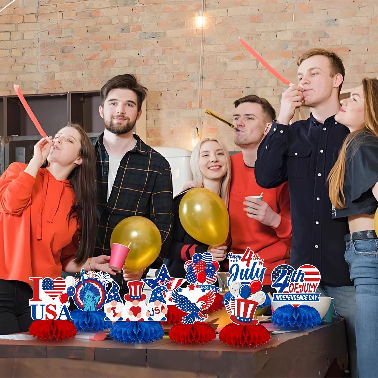 Patriotic Honeycomb Centerpieces | American Flag USA Balloons Table Decor (9 Pcs)