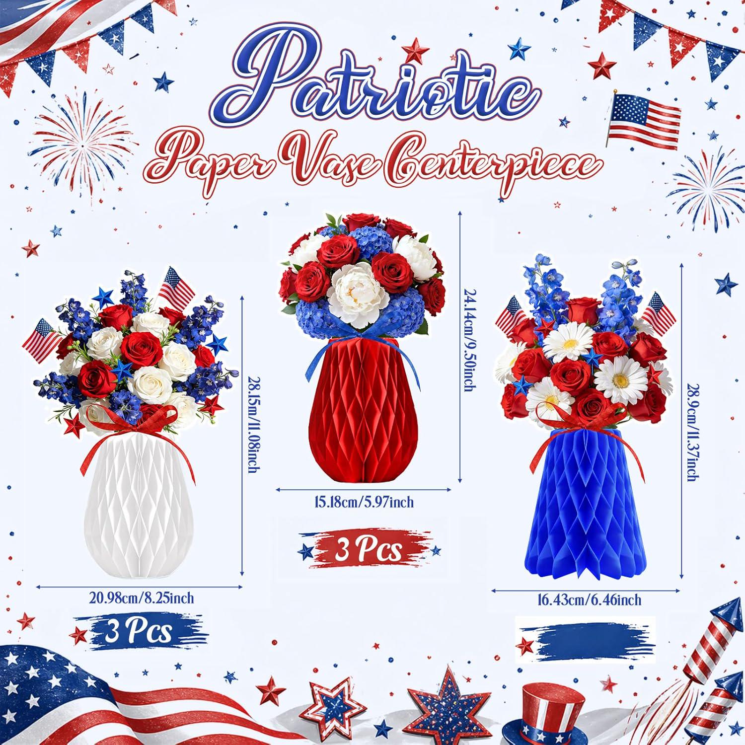 Patriotic Honeycomb Centerpieces | Red White Blue Rose American Flag Table Decor