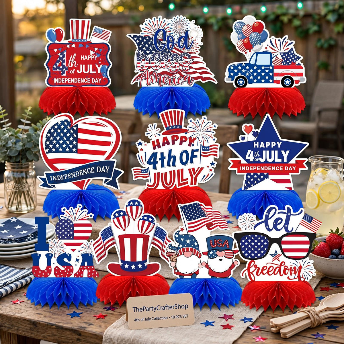 Patriotic Honeycomb Centerpieces | 4th of July Independence Day Table Decor (10 Pcs)
