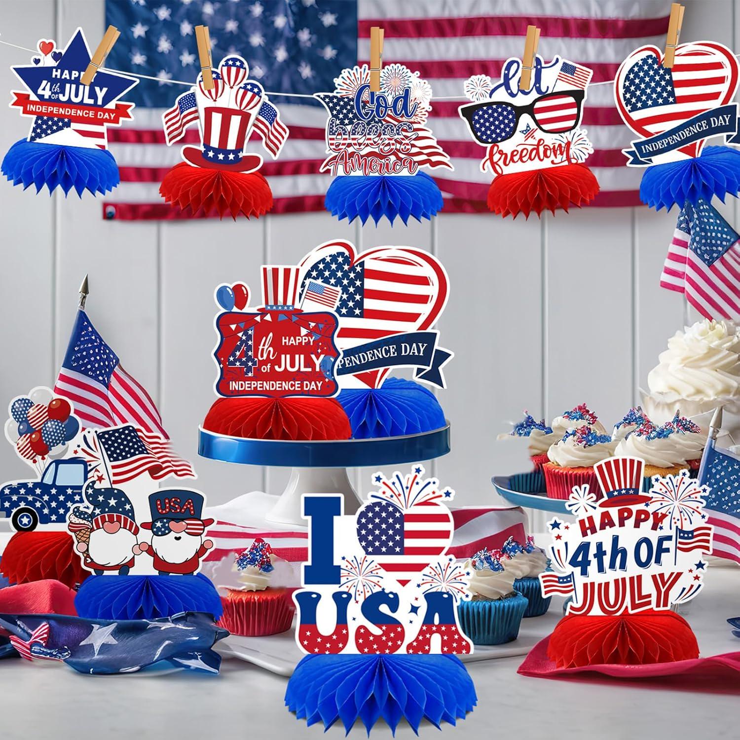 Patriotic Honeycomb Centerpieces | 4th of July Independence Day Table Decor (10 Pcs)
