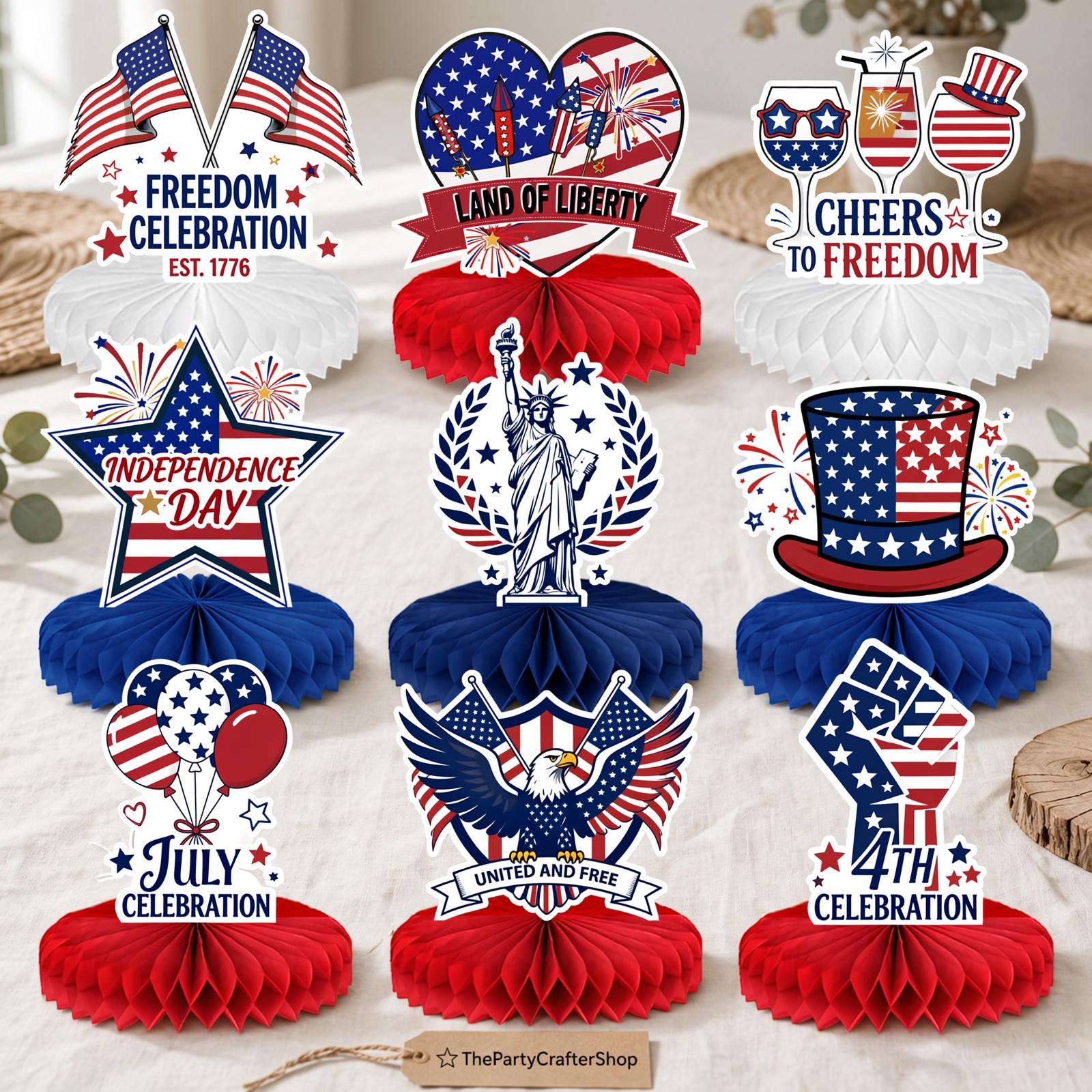 9 Pcs Patriotic Honeycomb Centerpieces | American Flag Liberty Fireworks Table Decor | 4th of July Decorations