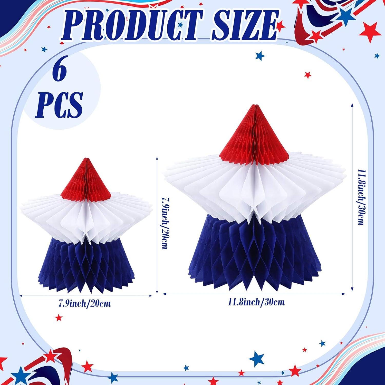 Patriotic Honeycomb Centerpieces | Red White Blue Star Table Decor (6 Pcs)
