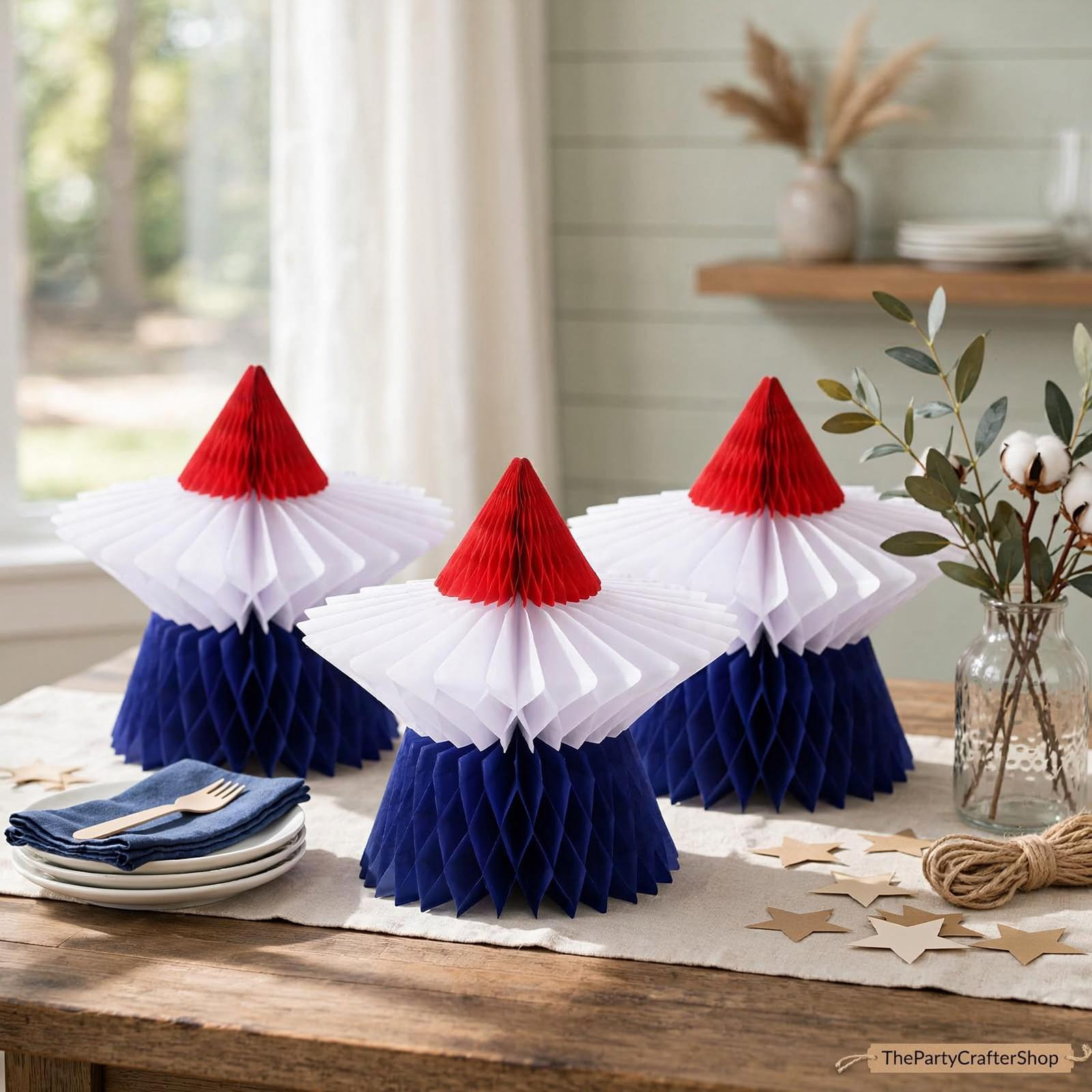 Patriotic Honeycomb Centerpieces | Red White Blue Star Table Decor (6 Pcs)