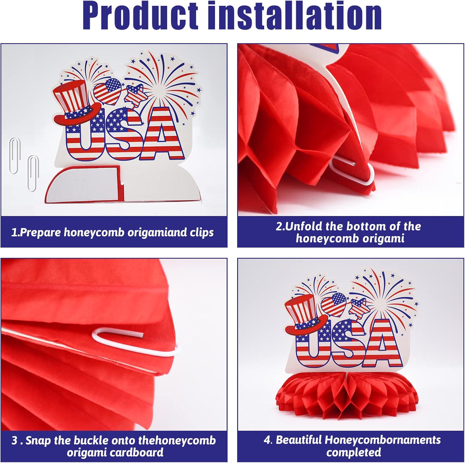 Patriotic Honeycomb Centerpieces | American Flag, USA, Liberty Table Decor (9 Pcs)