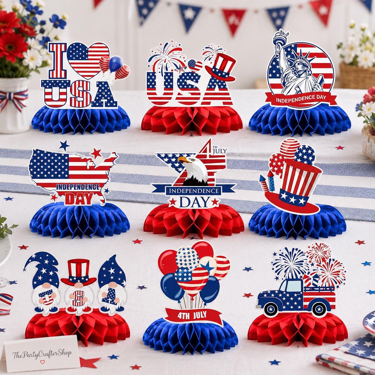 Patriotic Honeycomb Centerpieces | Red White Blue 4th of July Table Decor