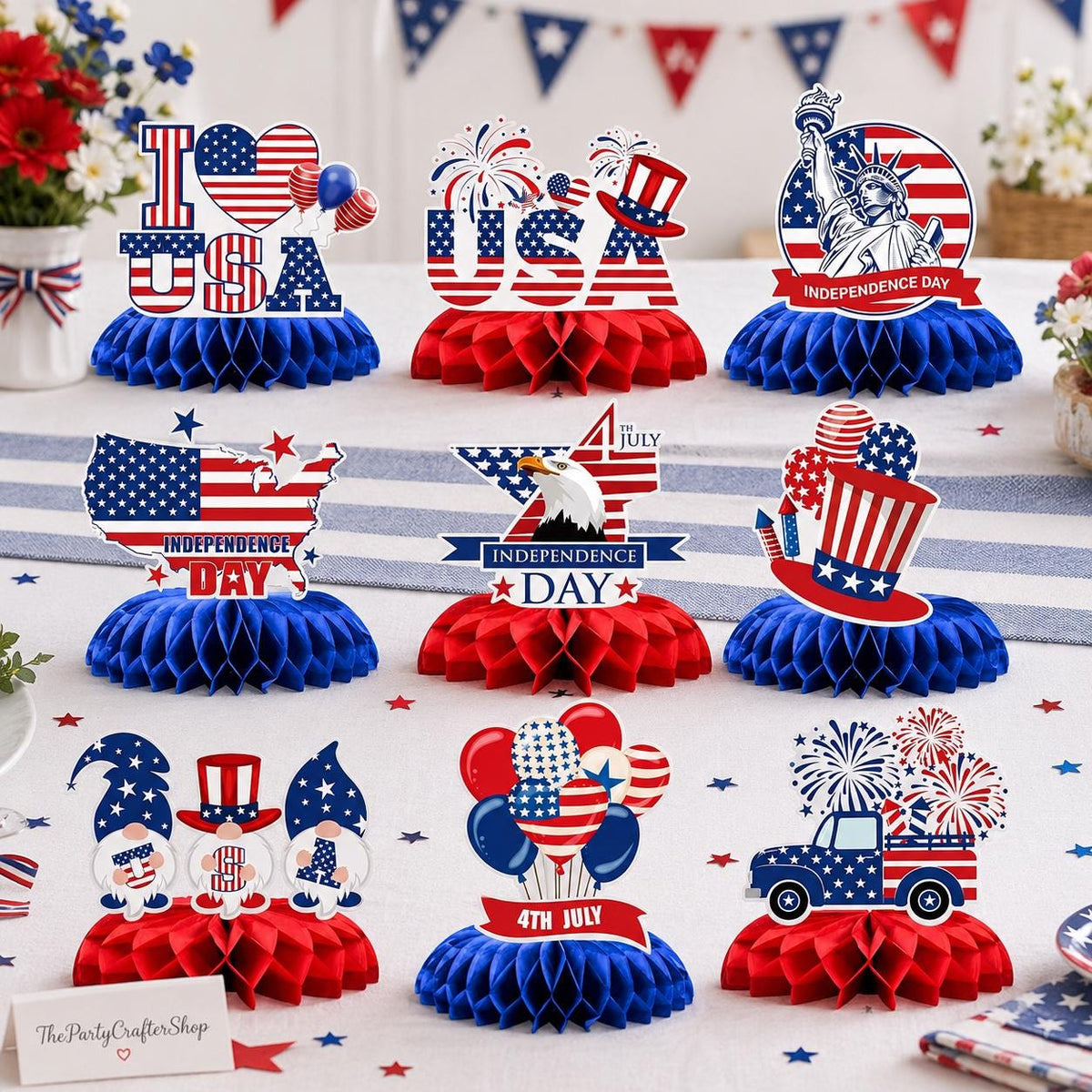 Patriotic Honeycomb Centerpieces | Red White Blue 4th of July Table Decor