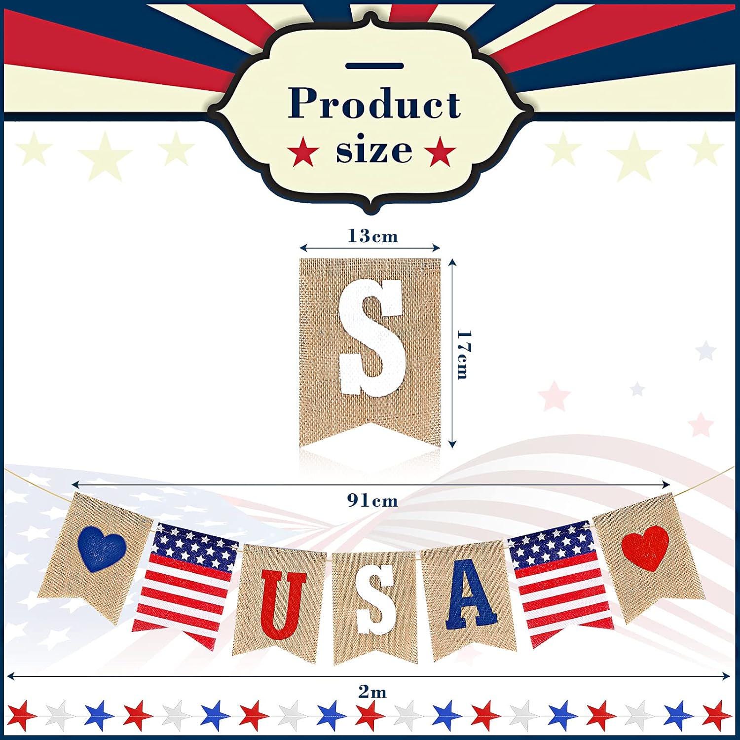 Patriotic Burlap Banner Garland: USA Flag, Red White Blue Stars (4 Pack)