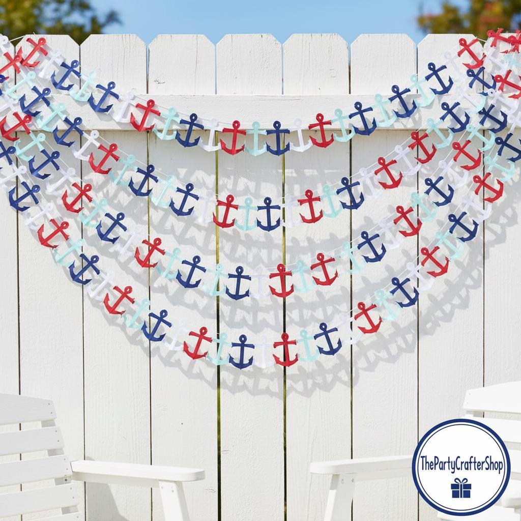 Nautical Anchor Garland: Red, White, Blue Patriotic Party Decorations